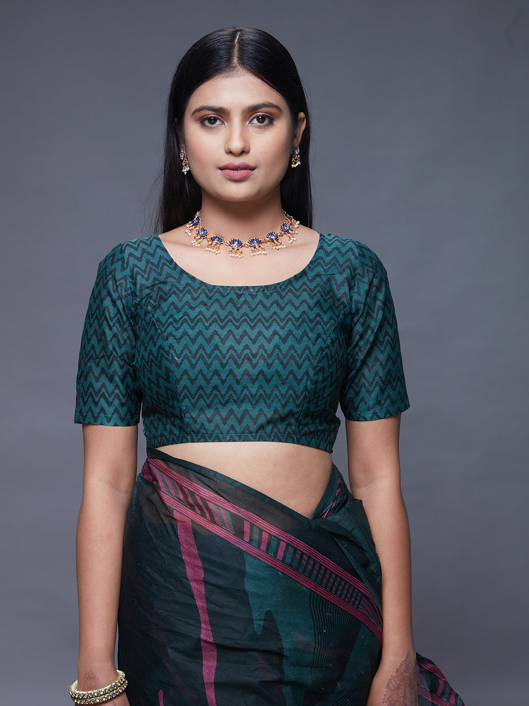 CHANDANI Bottle Green Printed Pure Cotton Saree