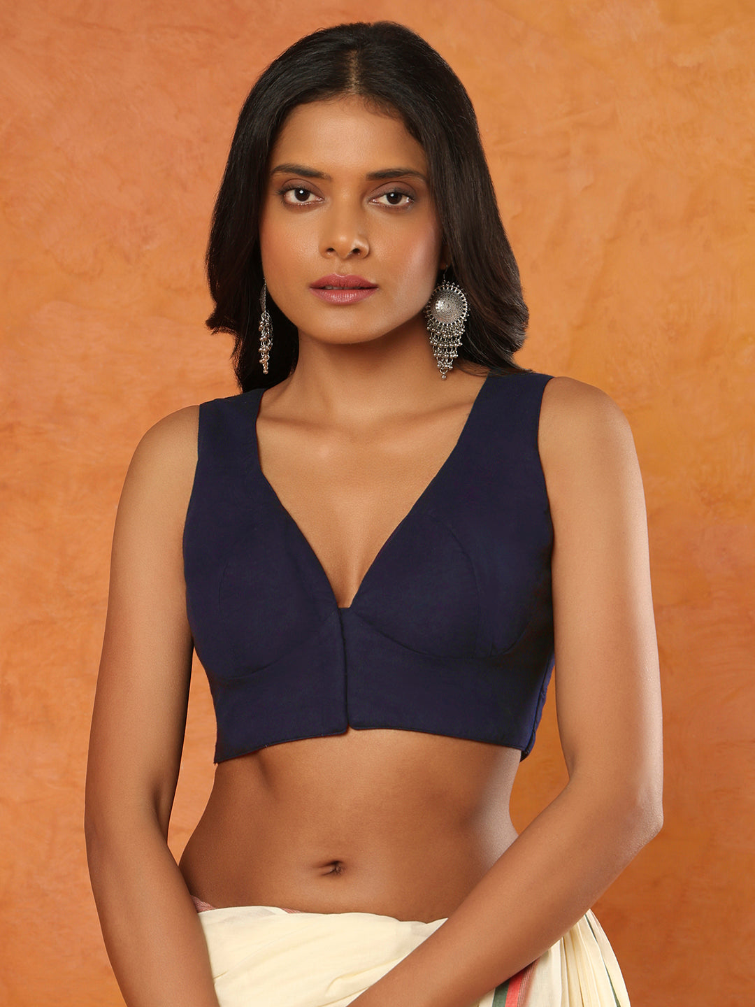 Navy Blue Cotton Sleeveless Readymade Blouse