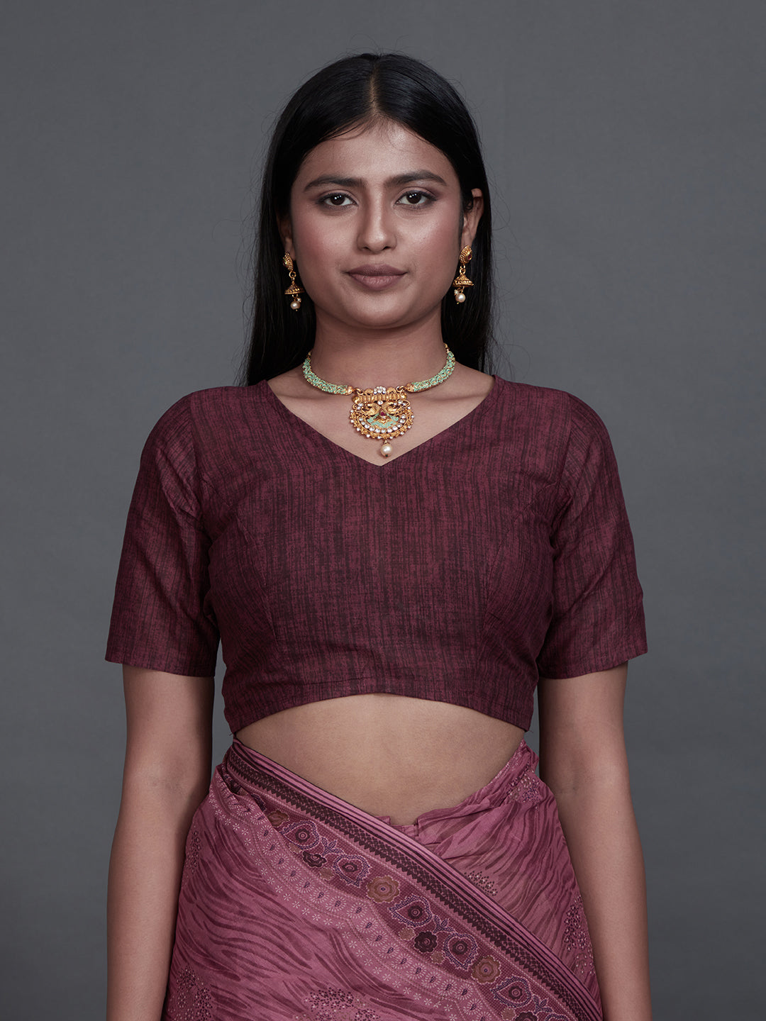 ANJLEE Wine Printed Pure Cotton Saree