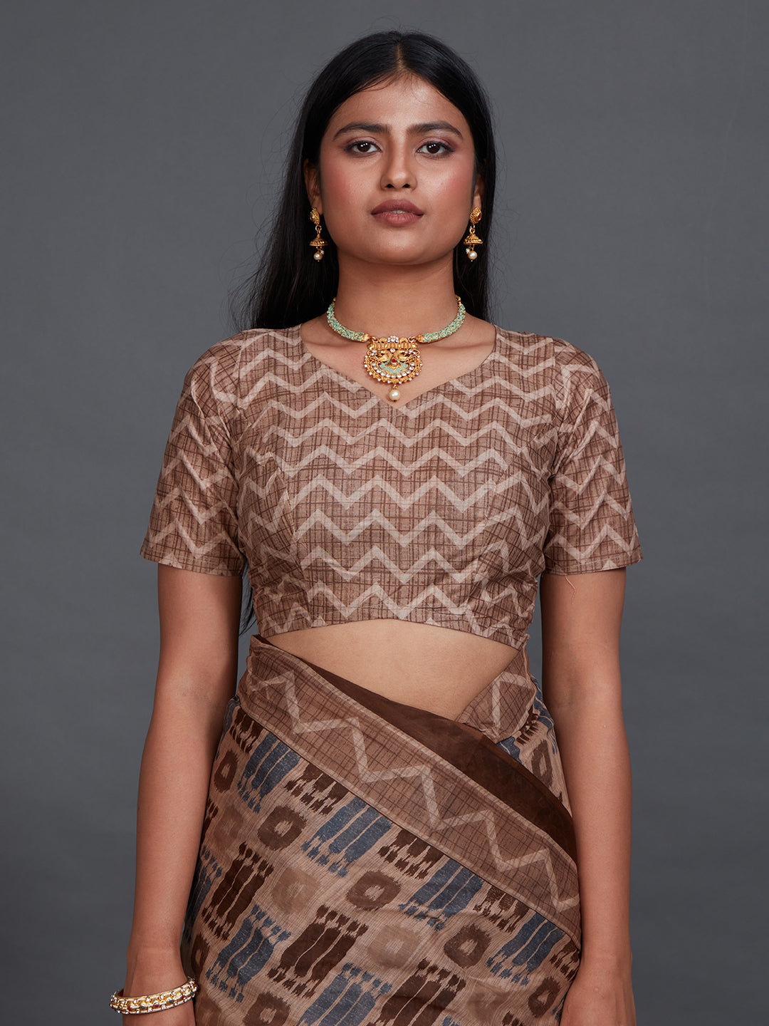ANJLEE Brown Printed Pure Cotton Saree