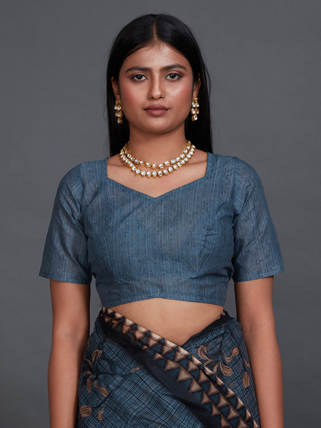 ANJLEE Navy Blue Printed Pure Cotton Saree