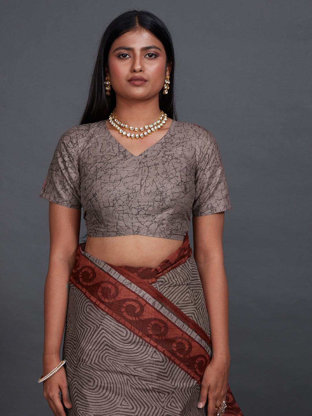 ANJLEE Grey Printed Pure Cotton Saree