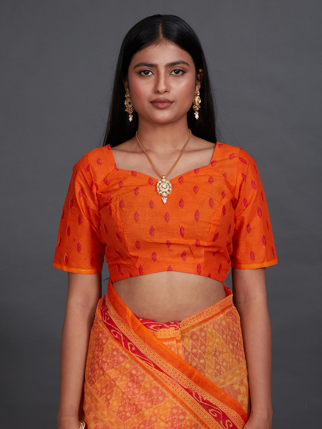 KANCHI COTTON Orange Printed Pure Cotton Saree