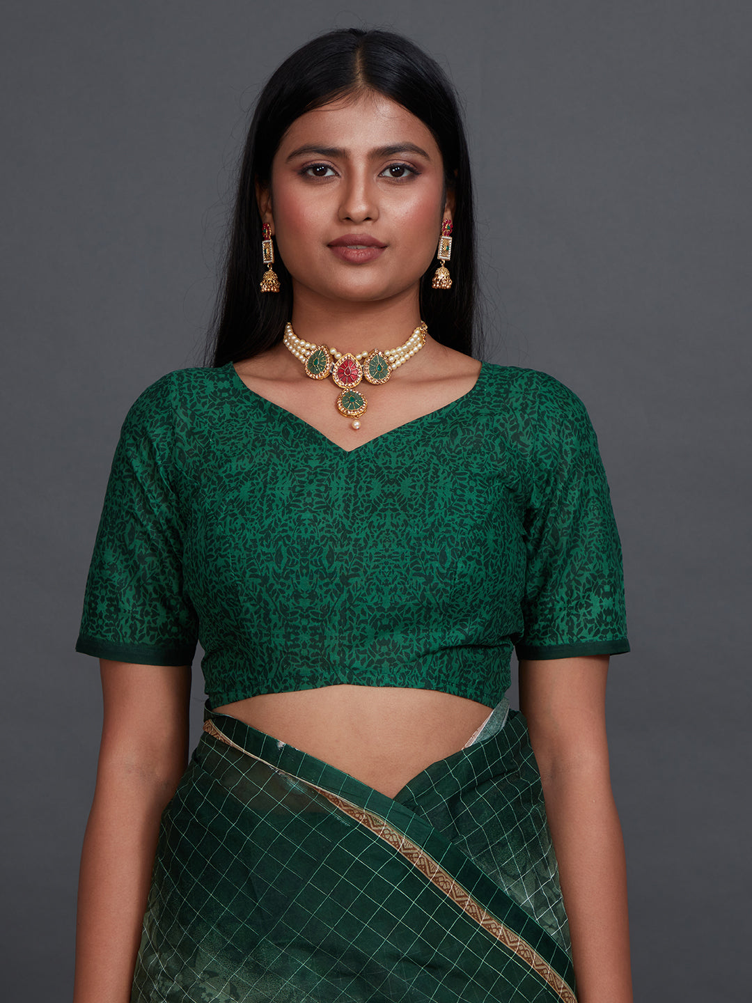 JAIPURI Bottle Green Printed Pure Cotton Saree