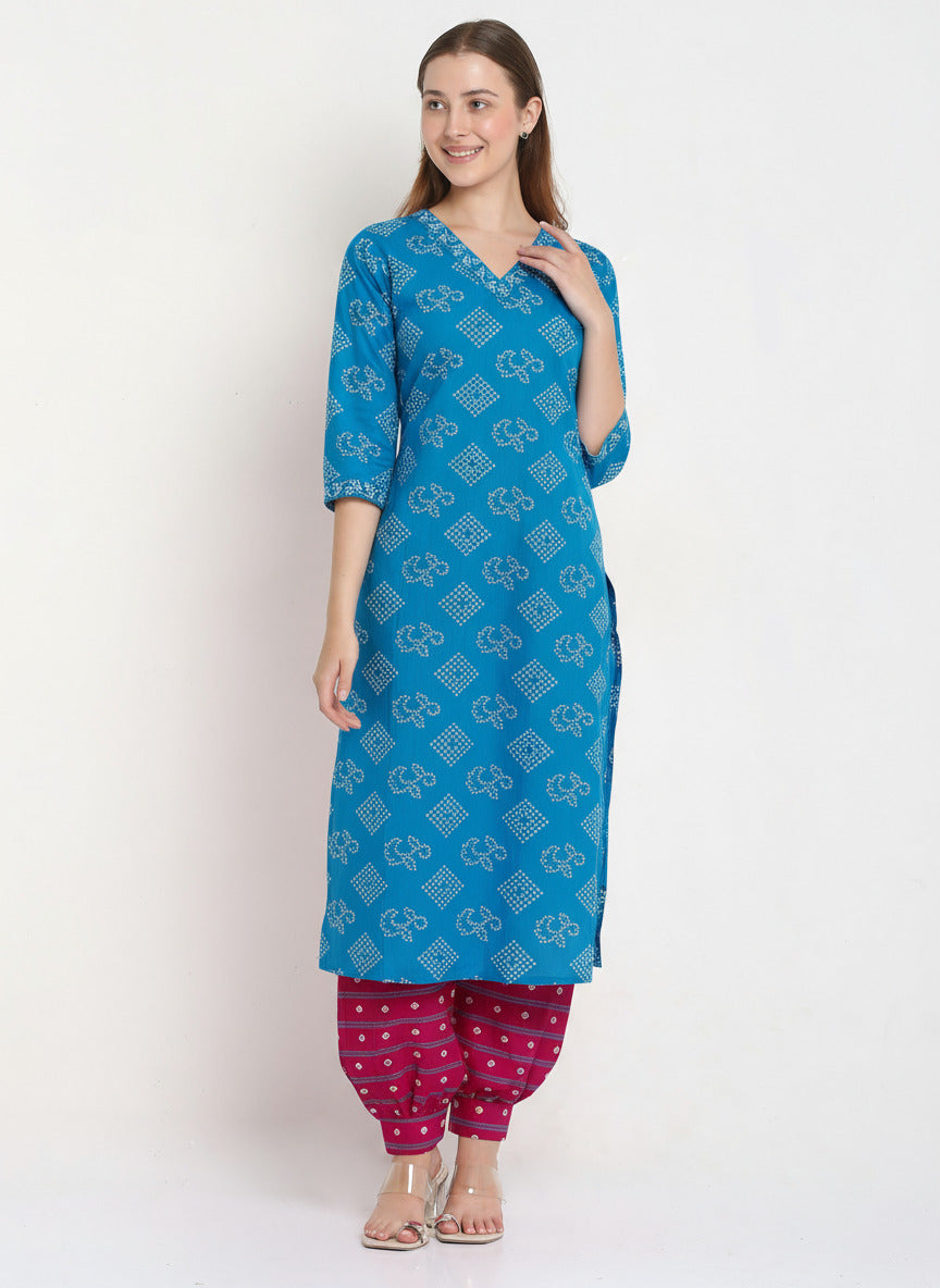 Blue & Pink Cotton Printed Unstitched Dress Material (2 Pc)