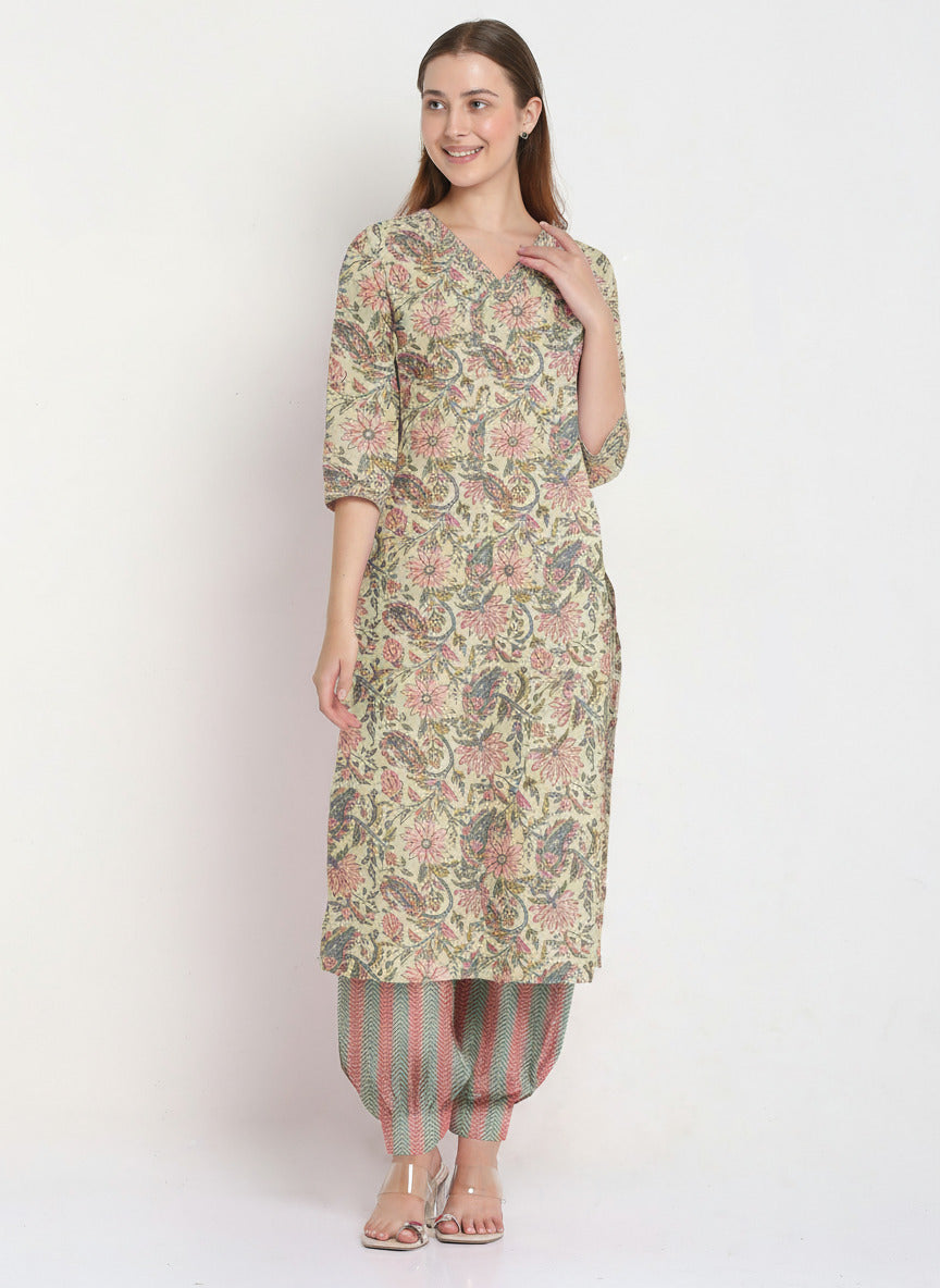Cream Printed Cotton Printed Unstitched Dress Material (2 Pc)