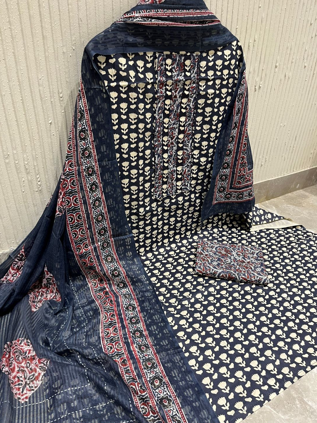 Navy Blue Cotton printed Unstitched Dress Material