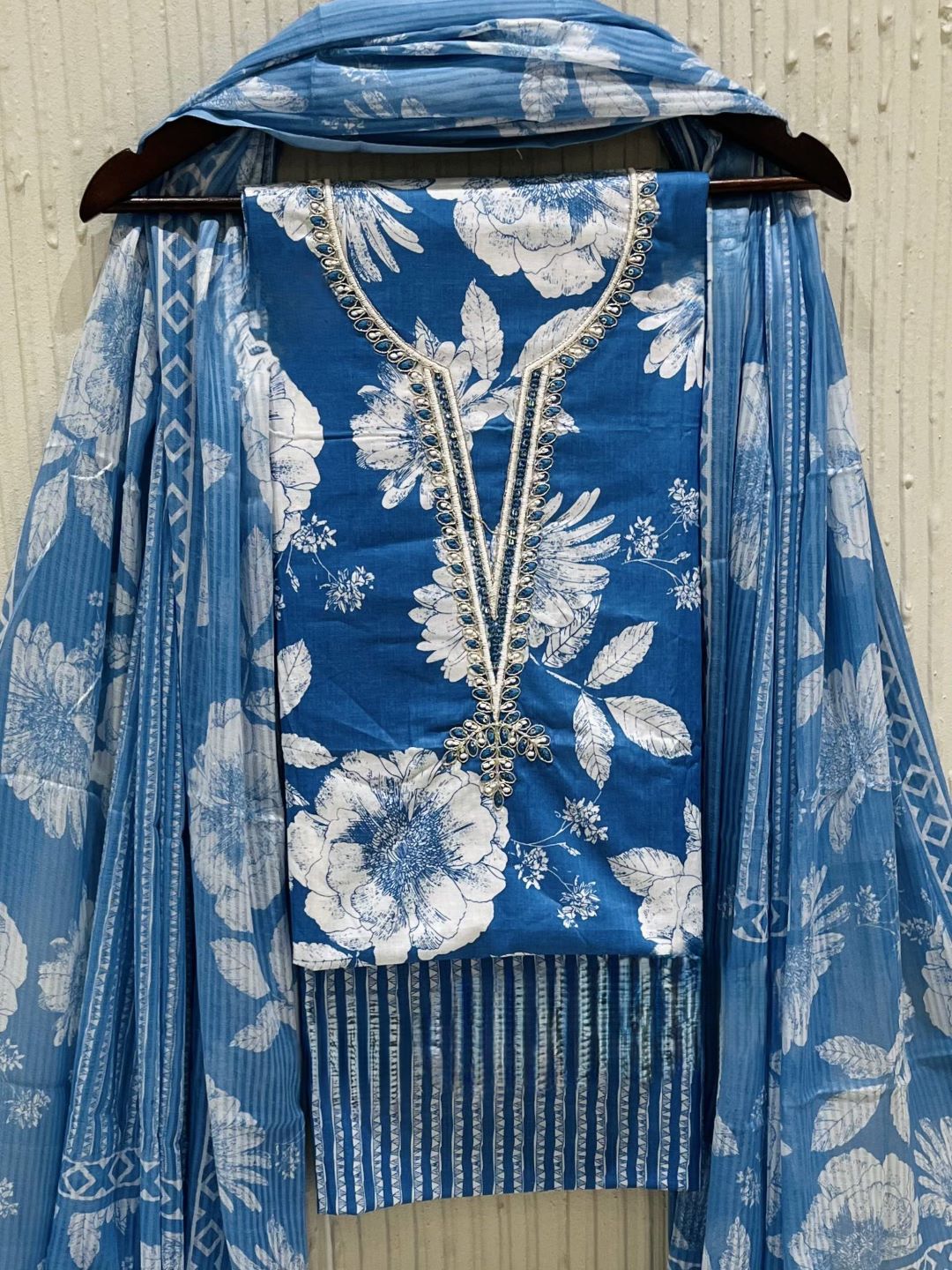 Sky Blue Cotton printed Unstitched Dress Material