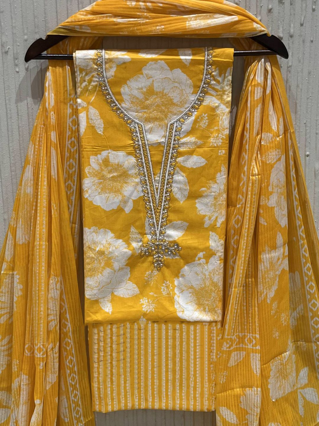 Yellow Cotton printed Unstitched Dress Material