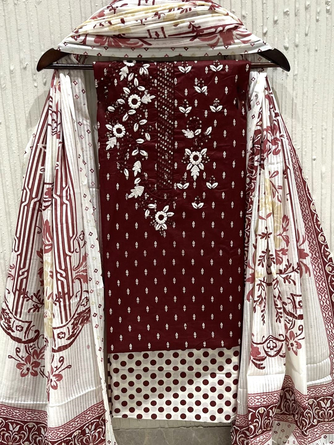 Maroon Cotton Embroidered Unstitched Dress Material