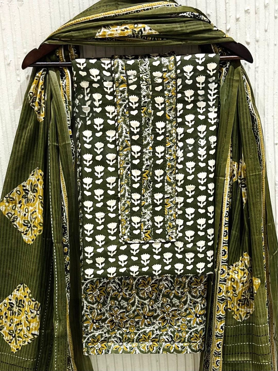 Olive Cotton Printed Unstitched Dress Material