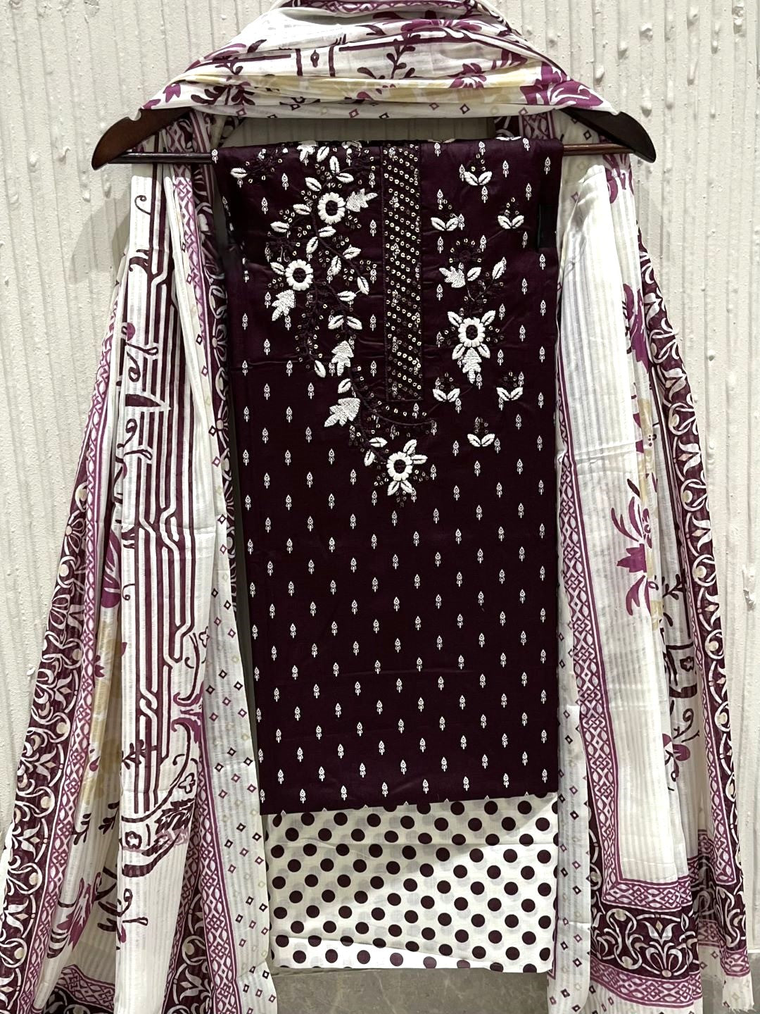 Wine Cotton Embroidered Unstitched Dress Material