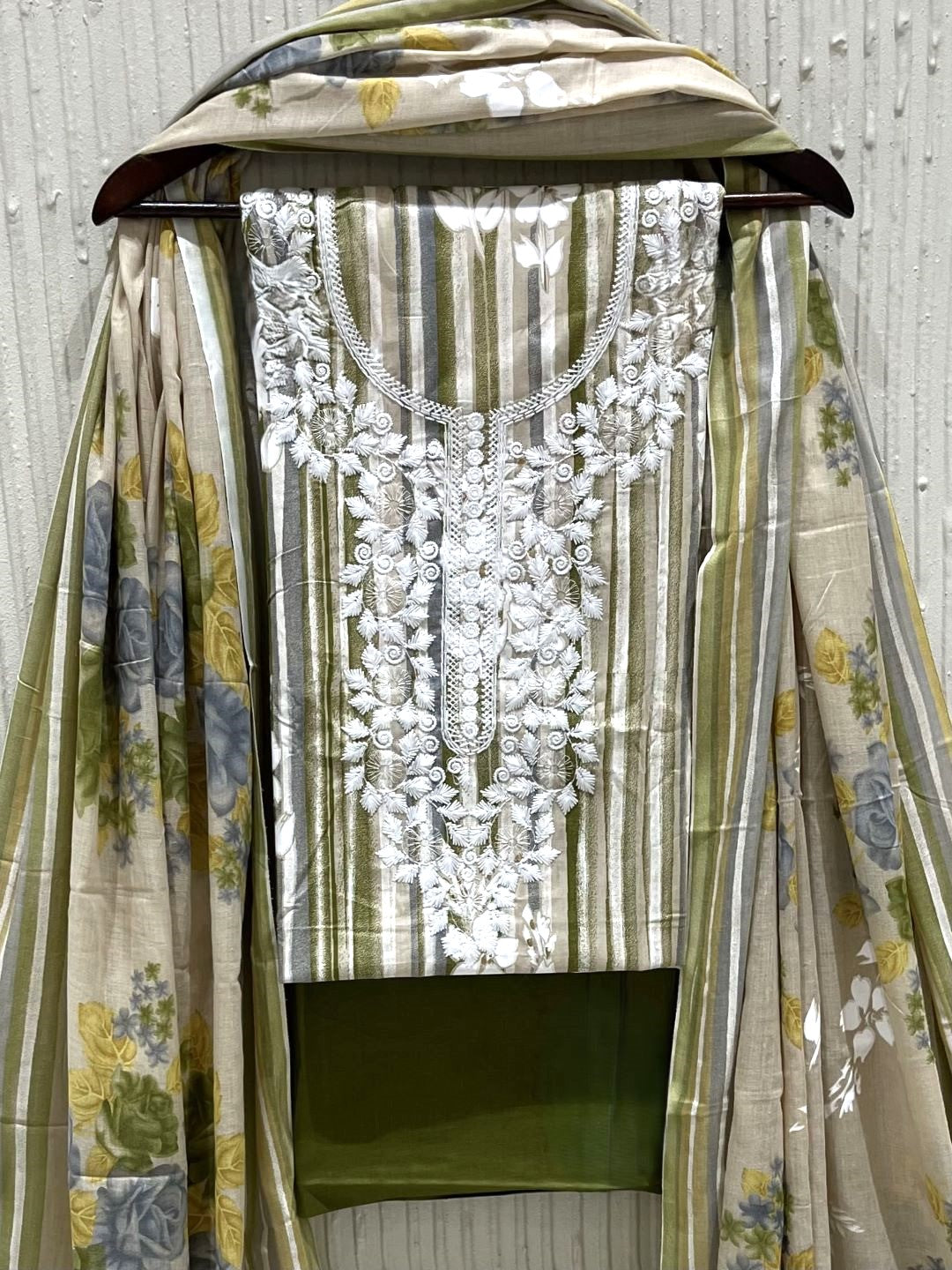 Olive Cotton Embroidered Unstitched Dress Material