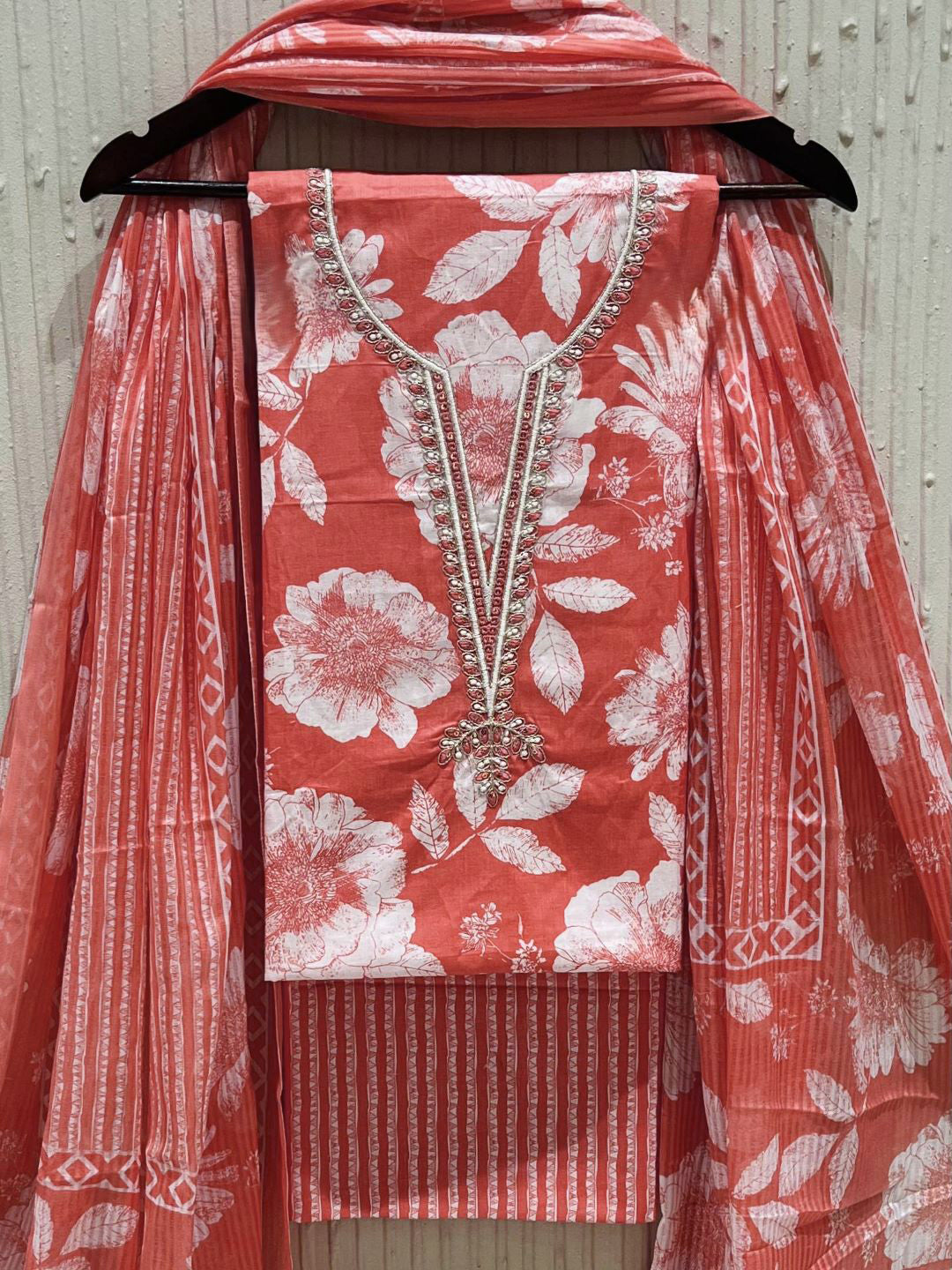 Orange Cotton printed Unstitched Dress Material