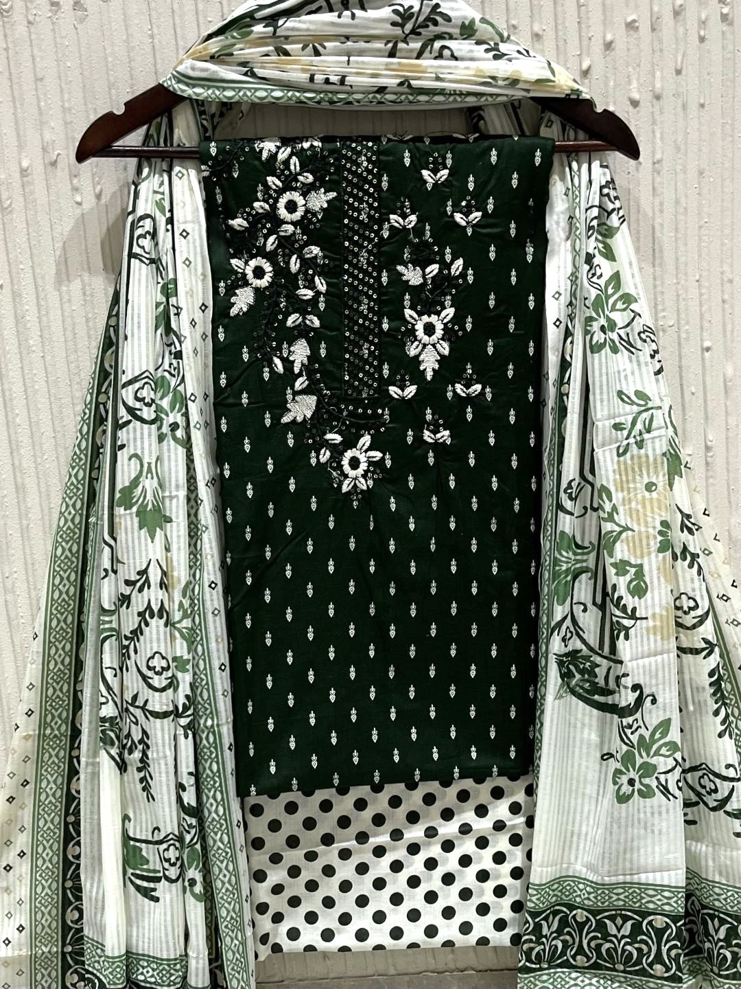 Green Cotton Embroidered Unstitched Dress Material