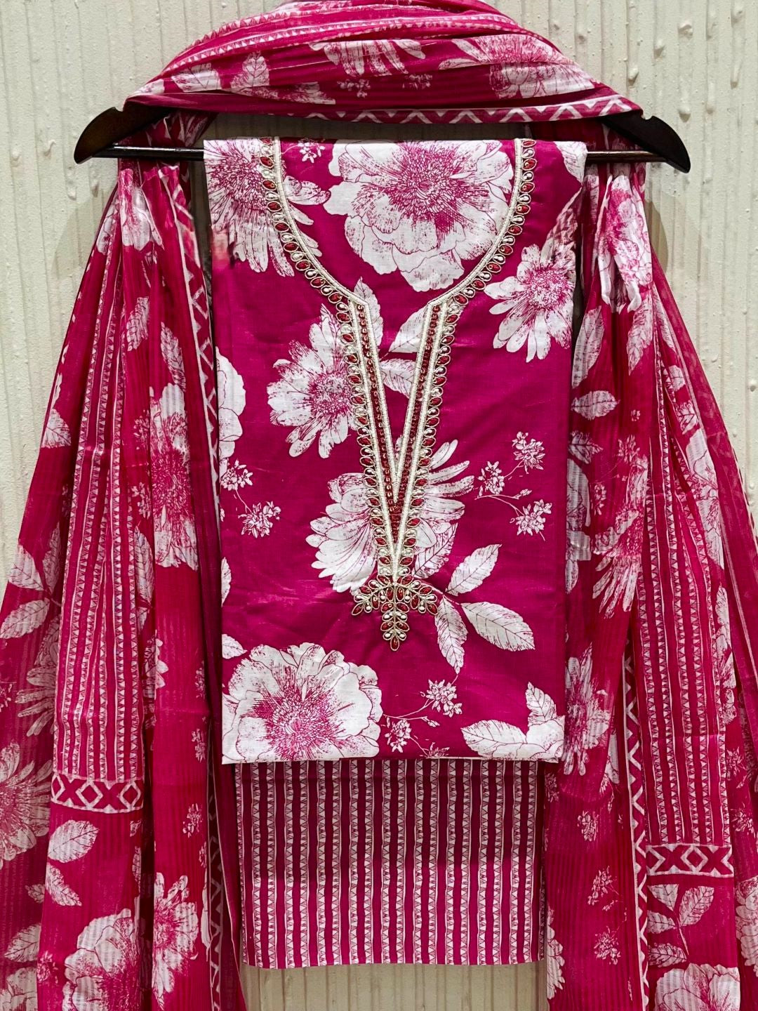 Pink Cotton Printed Unstitched Dress Material
