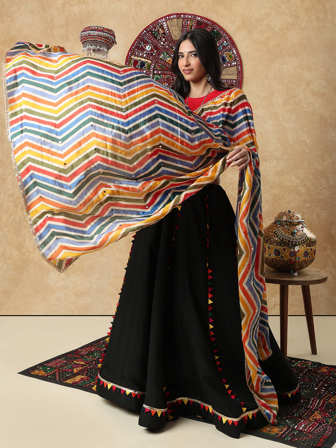 Multicolour Leheriya Silk Mirror Work Festive Garba Dupatta For Navratri
