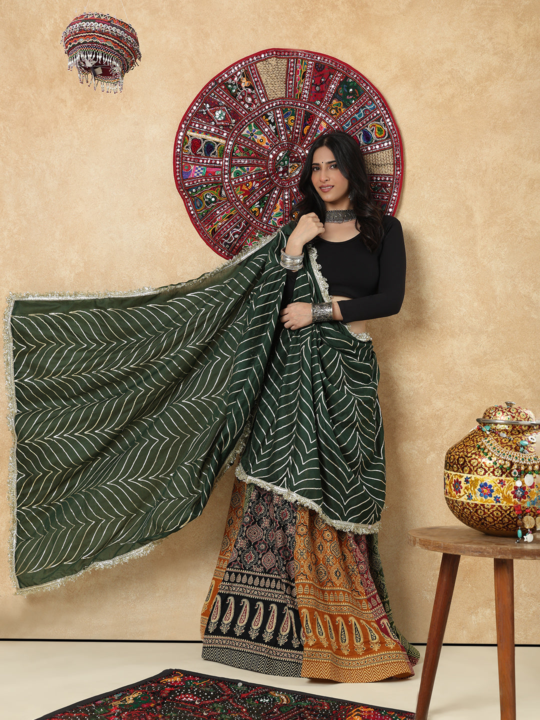 Green Silk Festive Garba Dupatta For Navratri