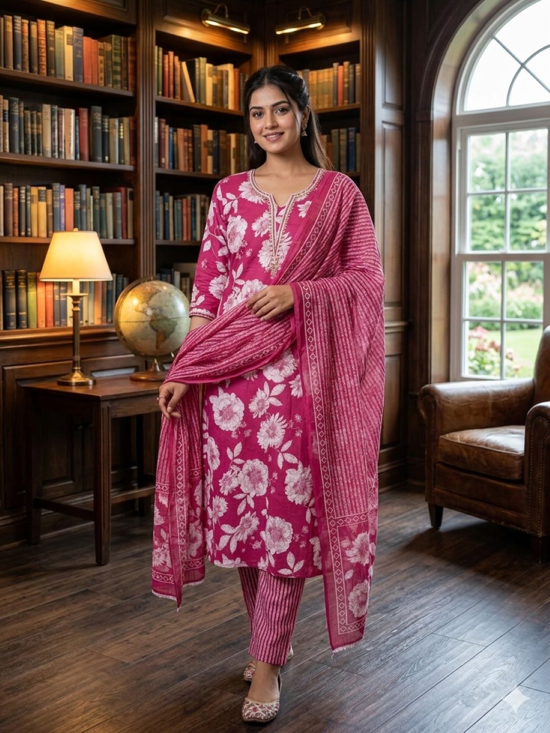 Pink Cotton Printed Unstitched Dress Material