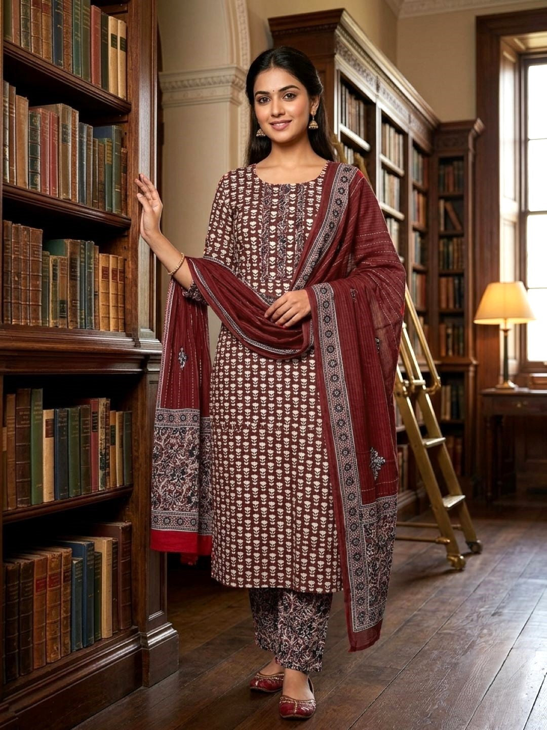 Maroon Cotton printed Unstitched Dress Material