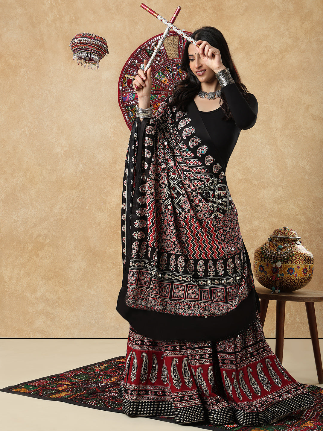 Black Silk Ajrakh Mirror Work Festive Garba Dupatta For Navratri