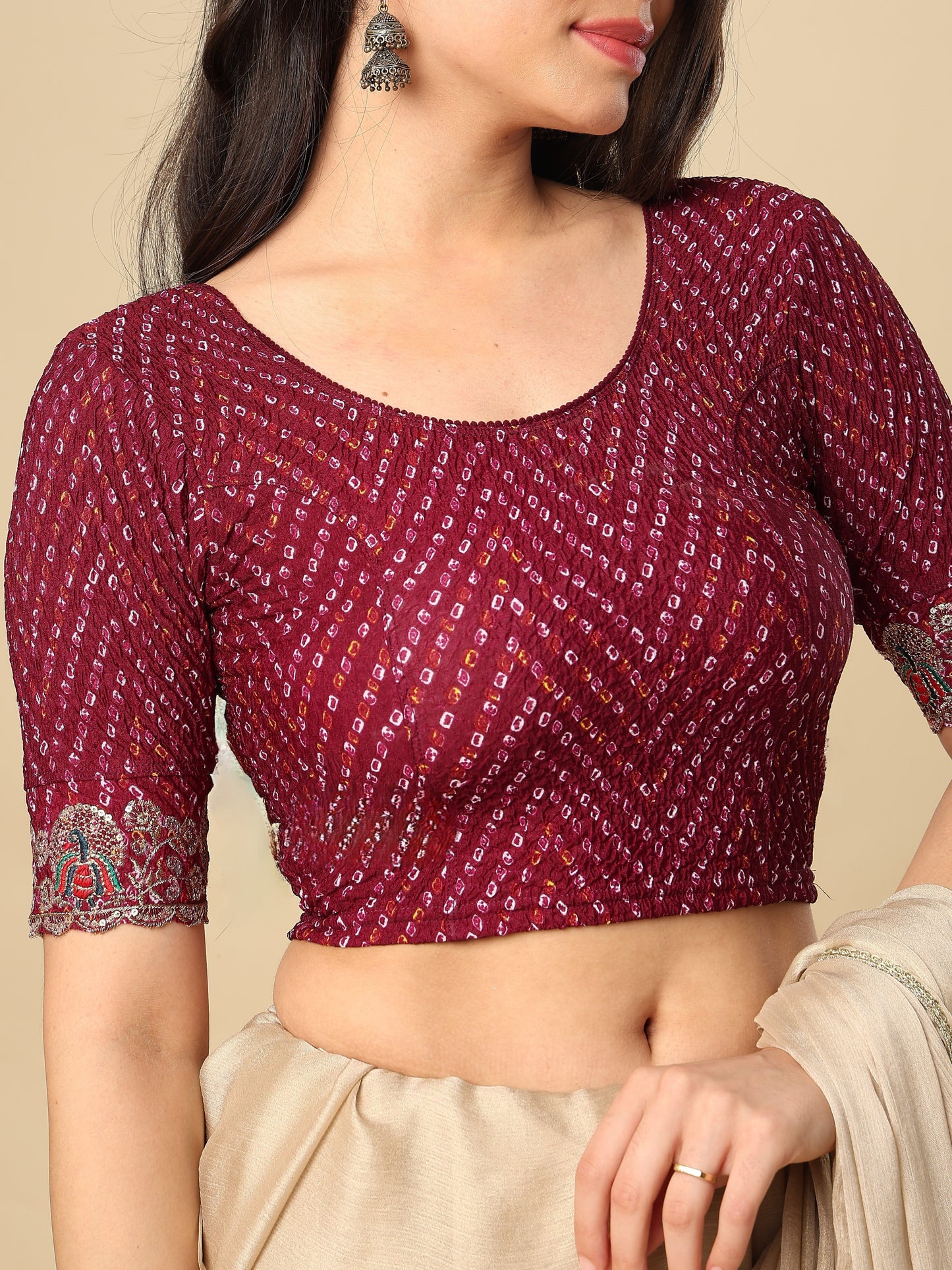 Wine Embroidered Non Padded Stretchable Garba Saree Blouse