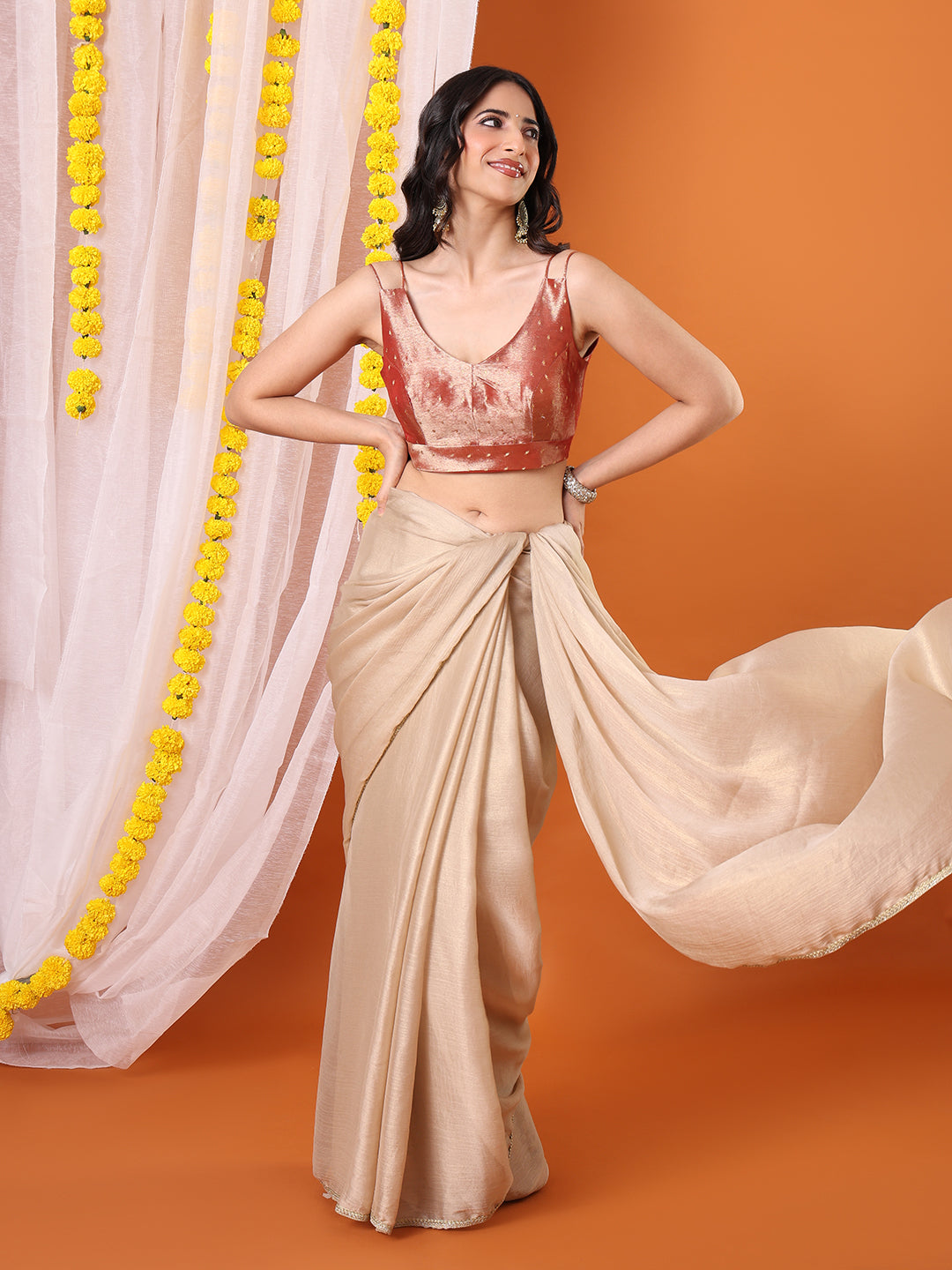 Rust Tissue Woven Design Sleeveless Padded Saree Blouse
