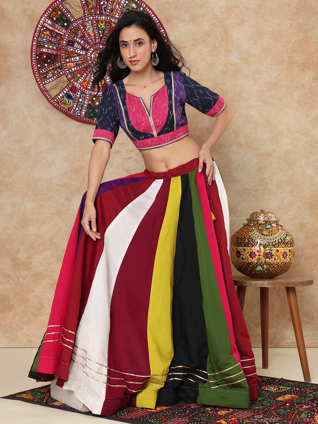 Multicolour Cotton Ikat V Neck Readymade Blouse