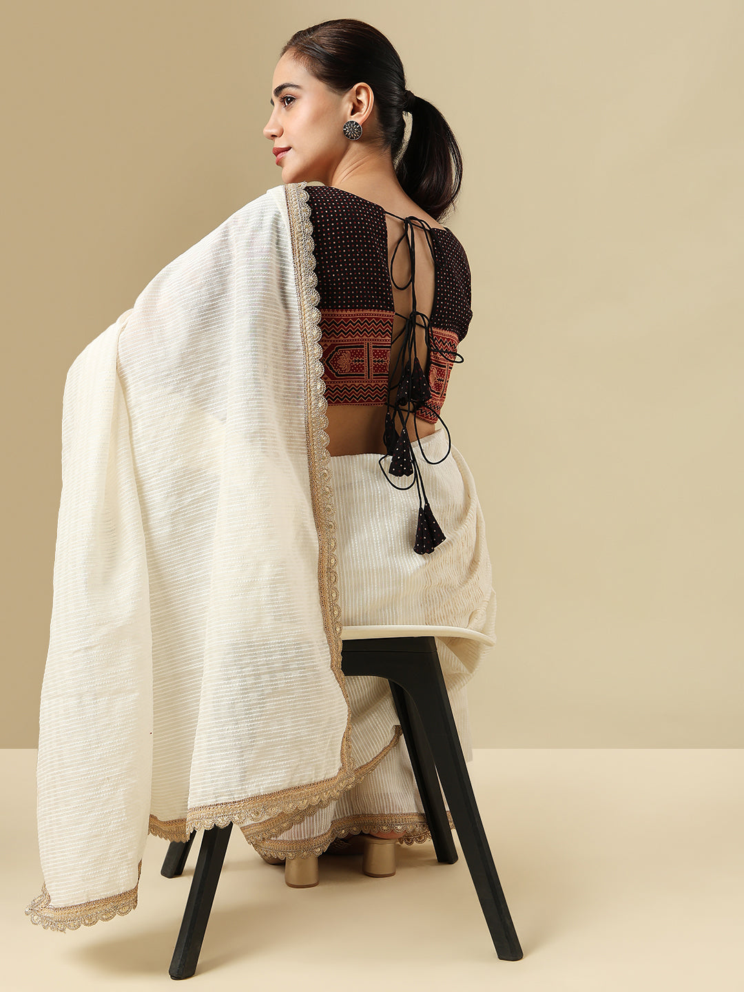 Black Ajrakh Printed Pure Cotton Saree Blouse