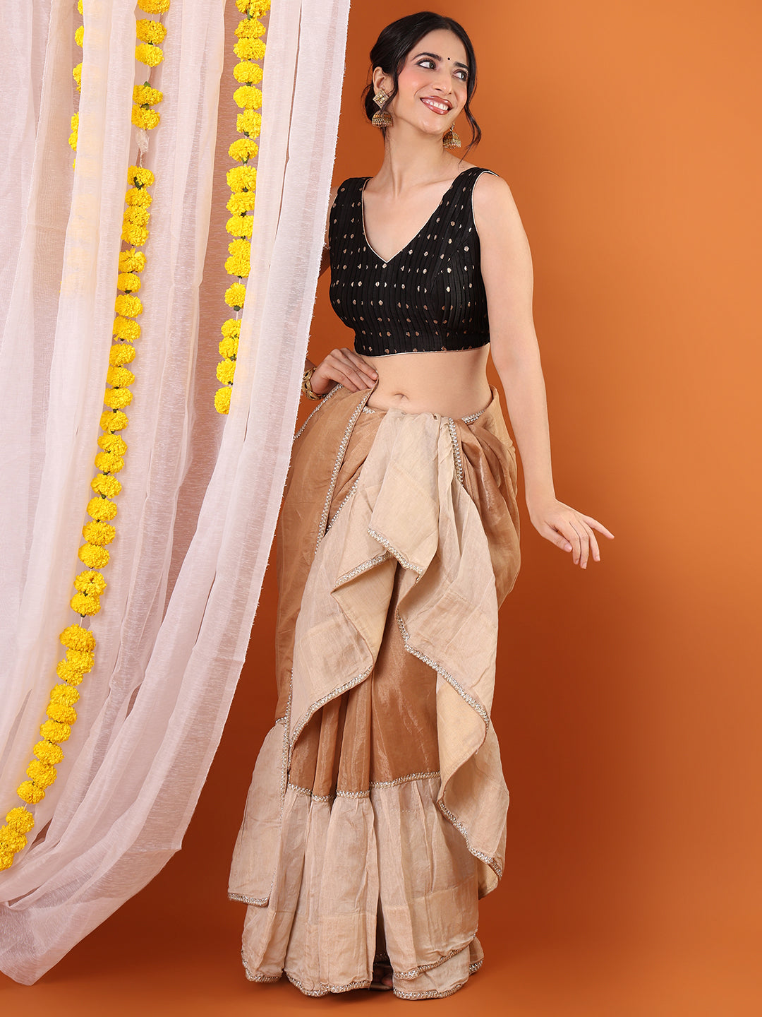 Black Woven Design Ruched Padded Saree Blouse