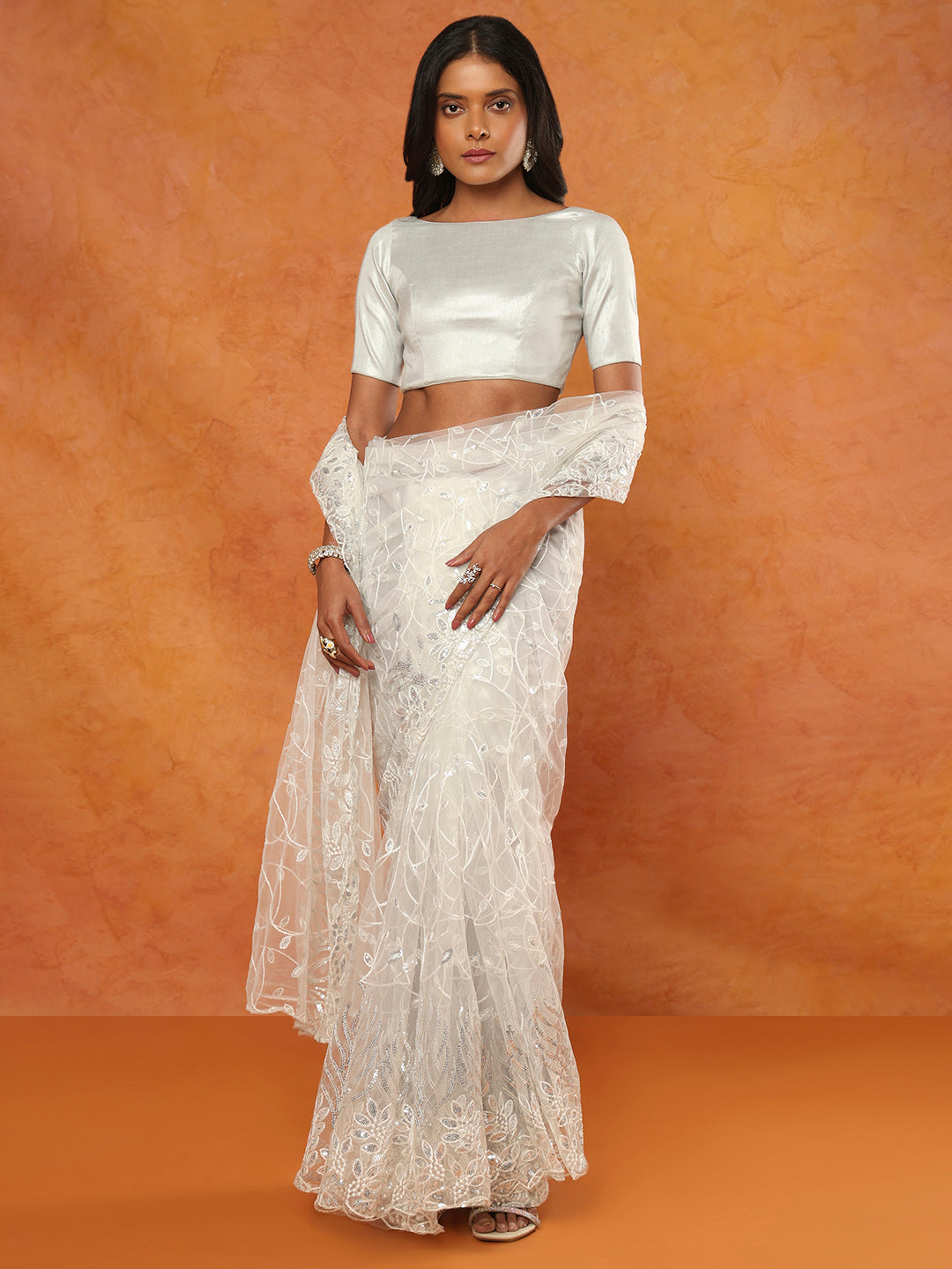 Silver Tissue Boat Neck Readymade Blouse