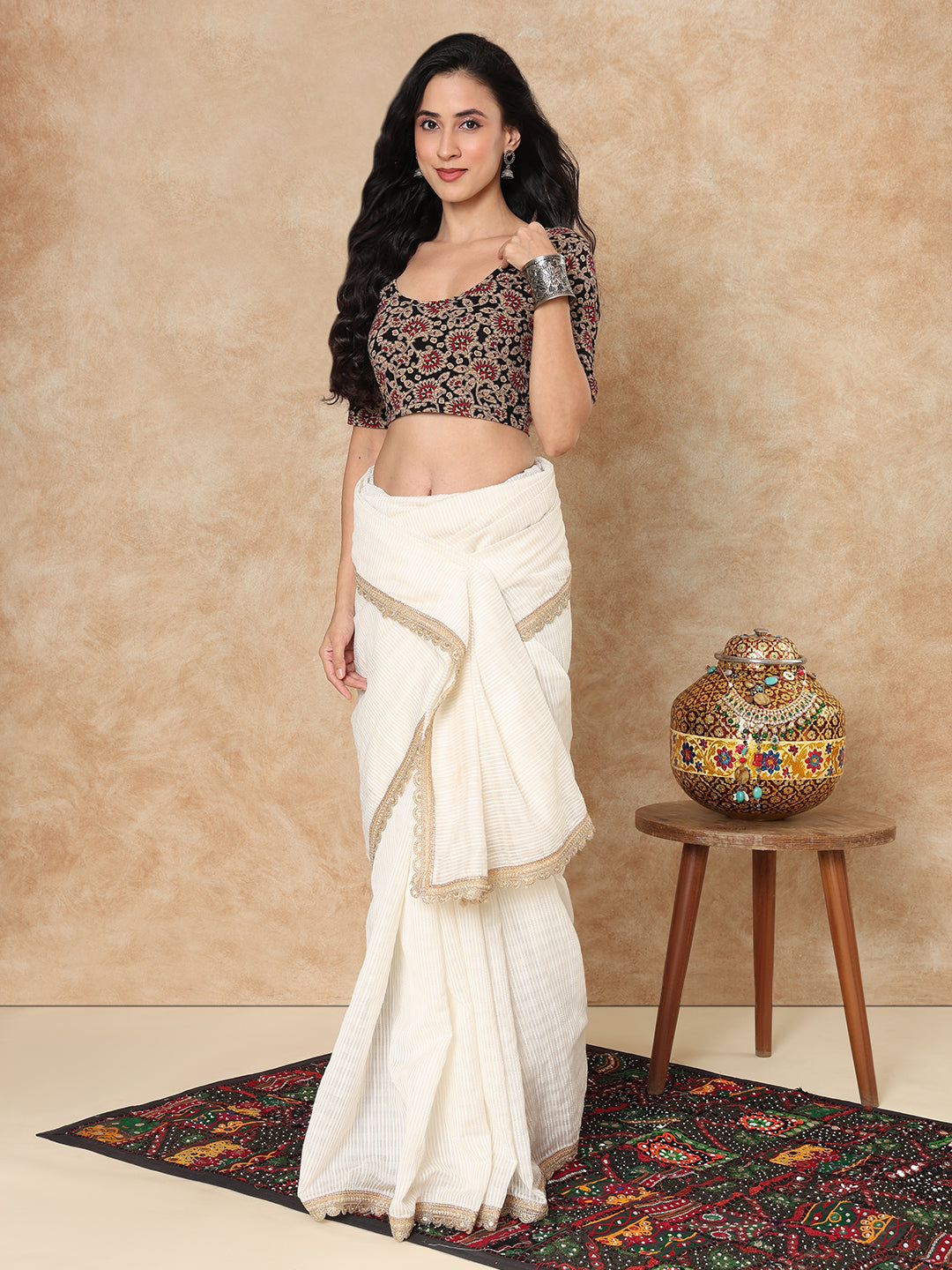 Black Cotton Kalamkari Round Neck Stretchable Readymade Blouse