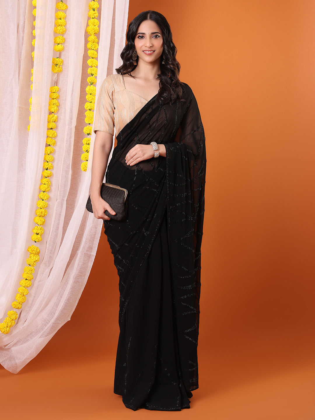 Beige Georgette Embellished Sweetheart Neck Padded Saree Blouse