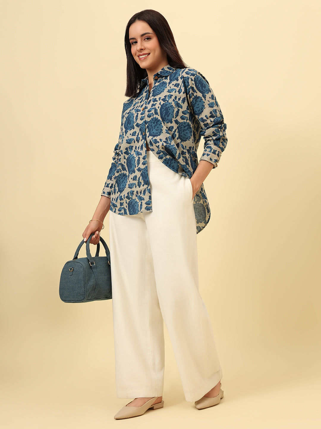 Blue Cotton Printed Oversized Casual Shirt