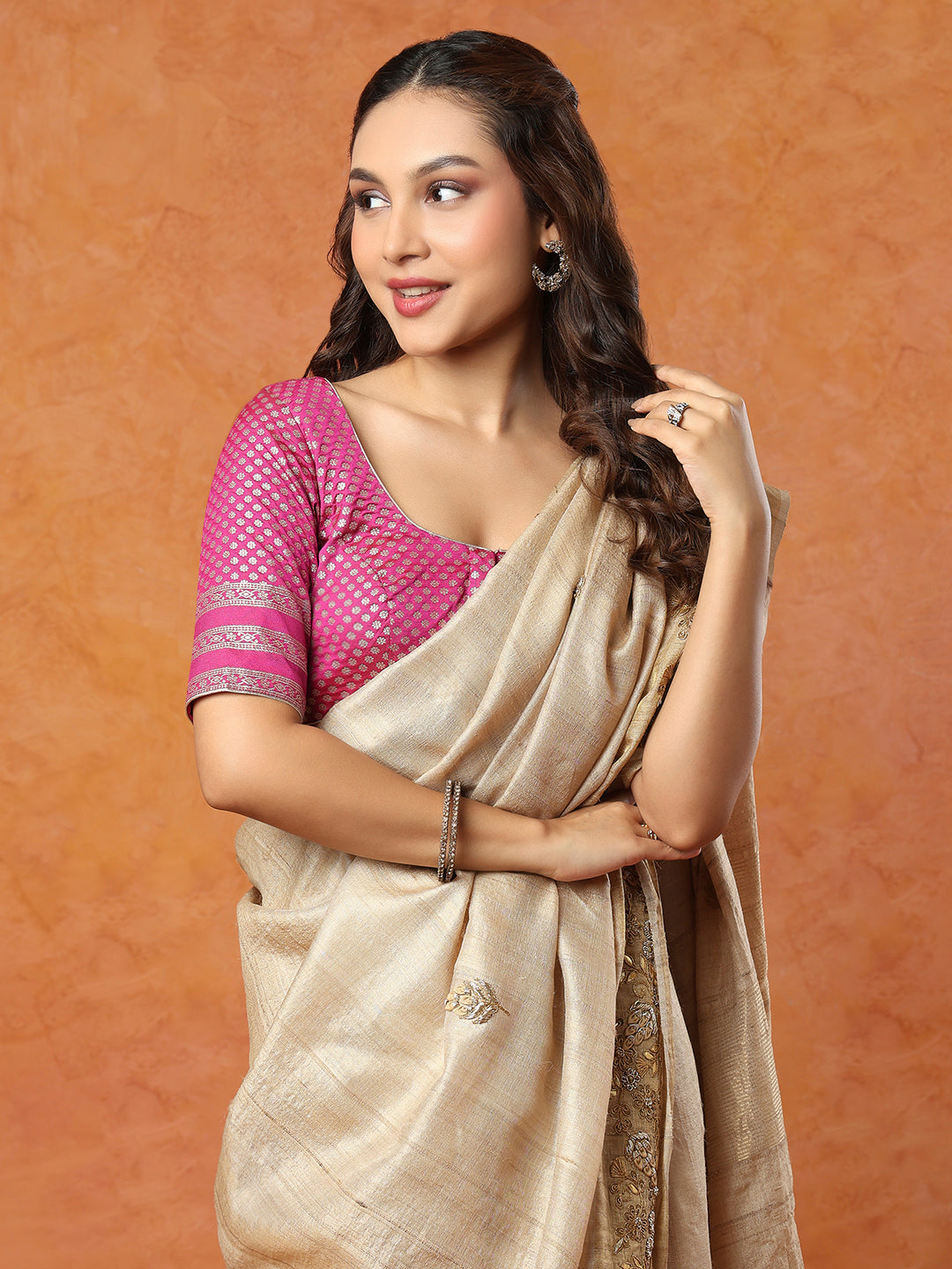 Pink Brocade Round Neck Readymade Blouse