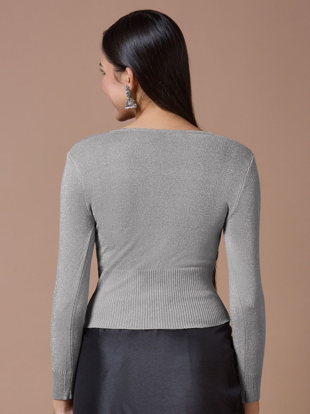 Grey Woolen Round Neck Full Sleeves Stretchable Readymade Blouse