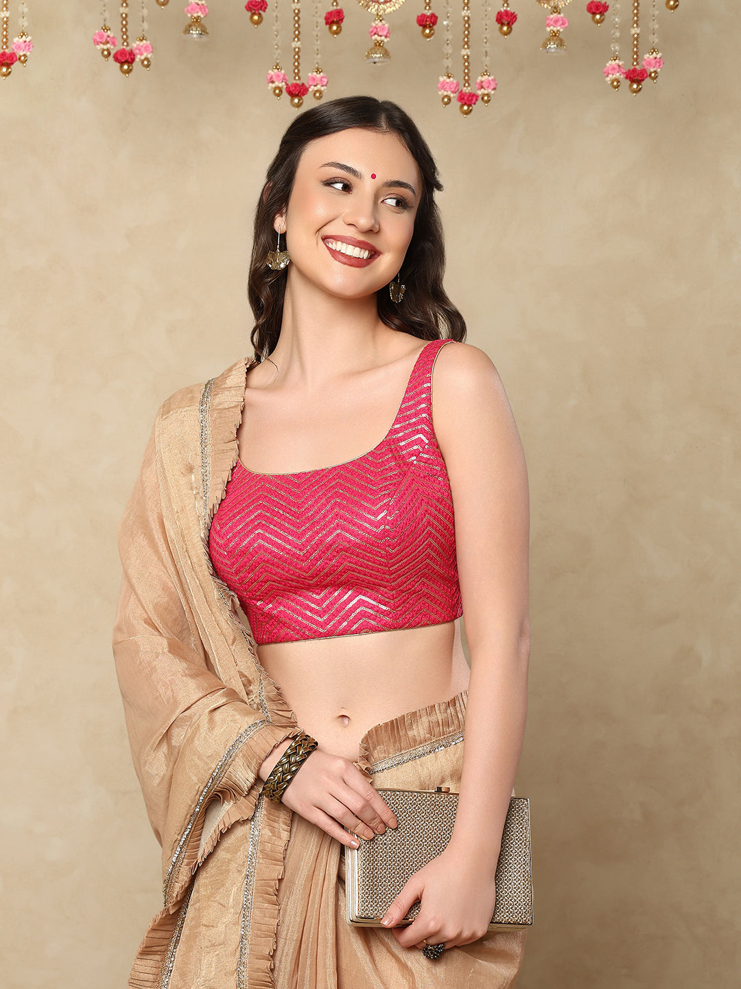 Pink Silk Round Neck Sleeveless Readymade Blouse