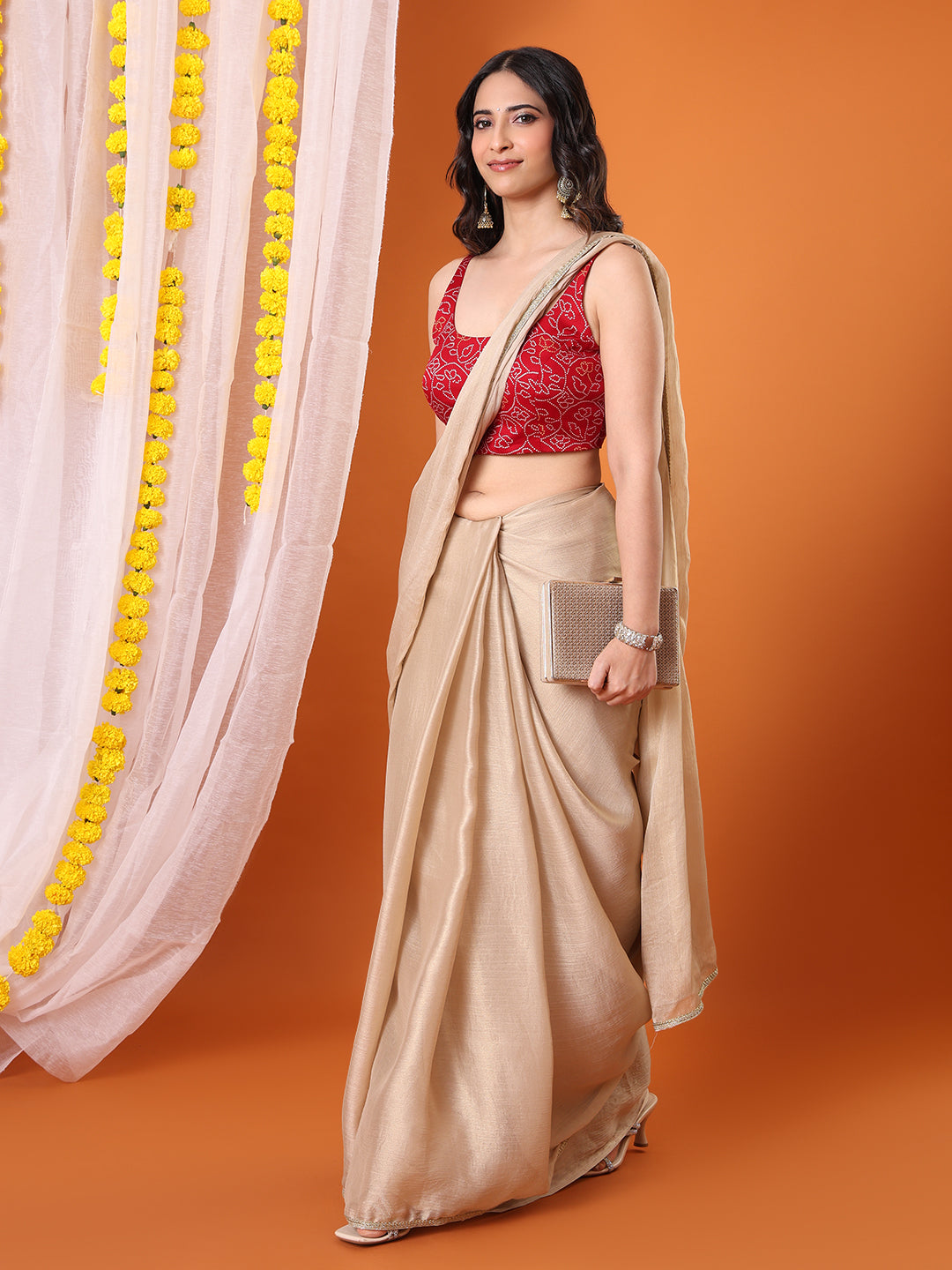 Maroon Silk Bandhani Printed Sleeveless Padded Saree Blouse