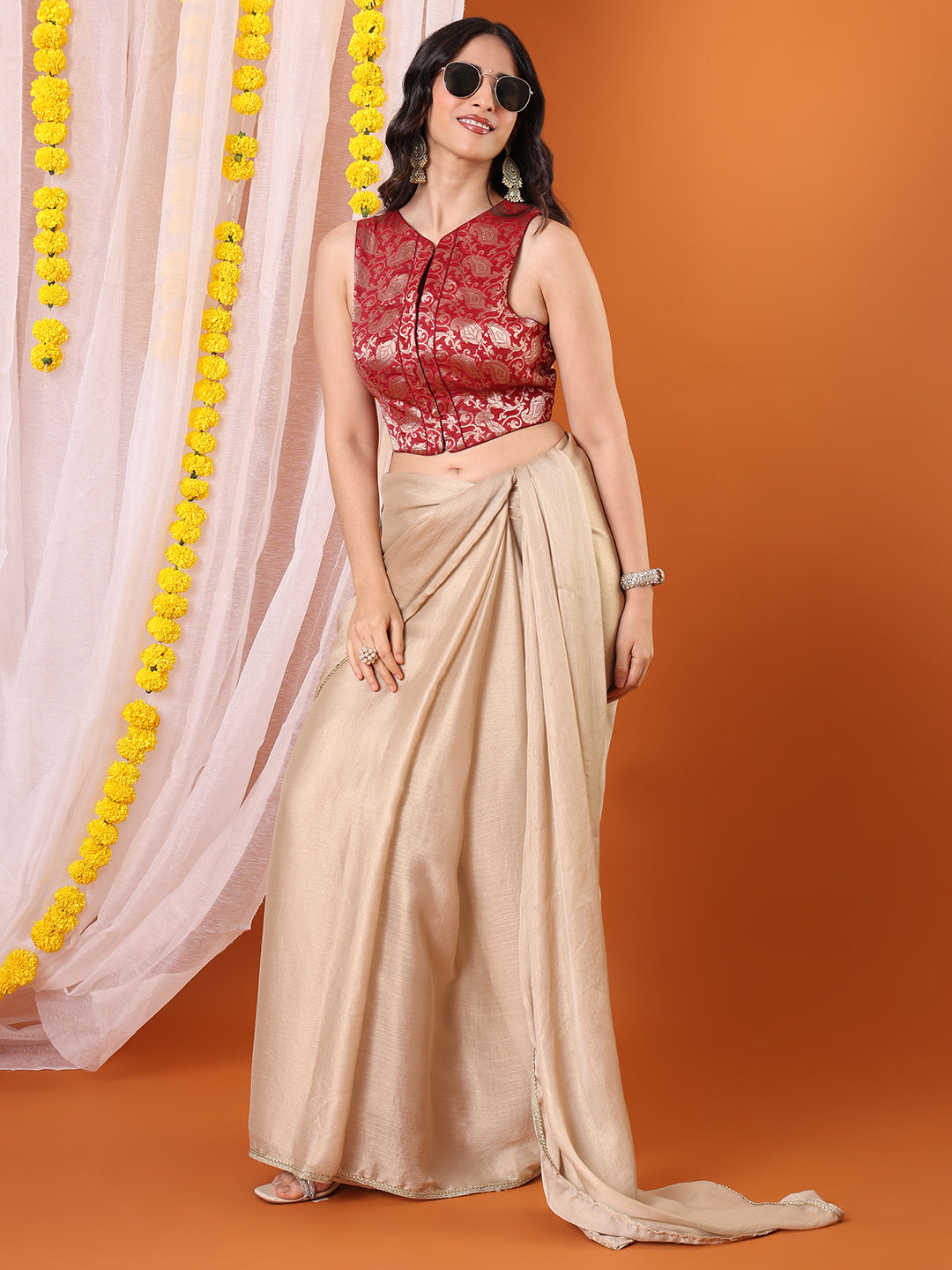 Maroon Brocade Halter Neck Sleeveless Padded Saree Blouse