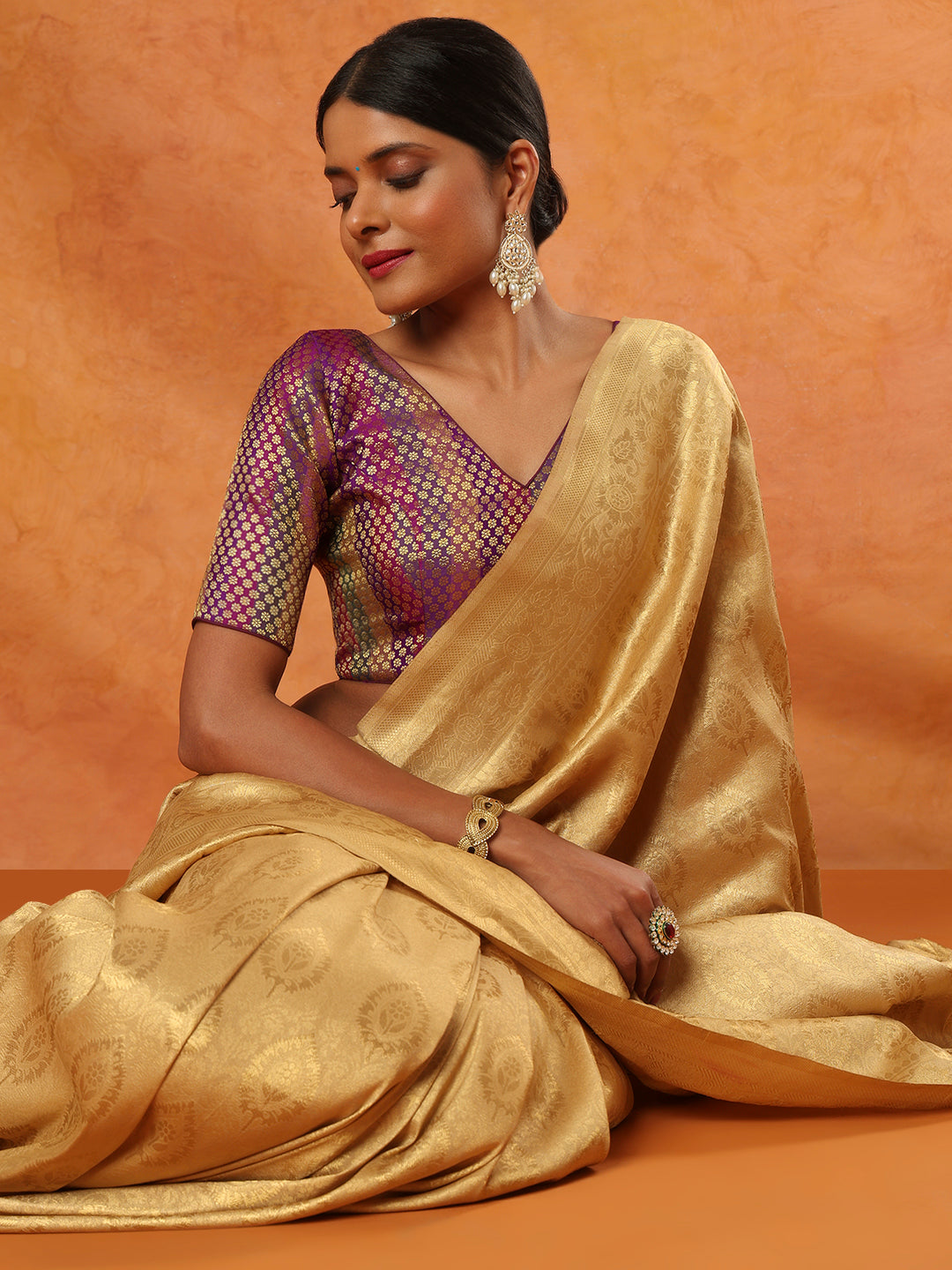 Purple Brocade V Neck Readymade Blouse