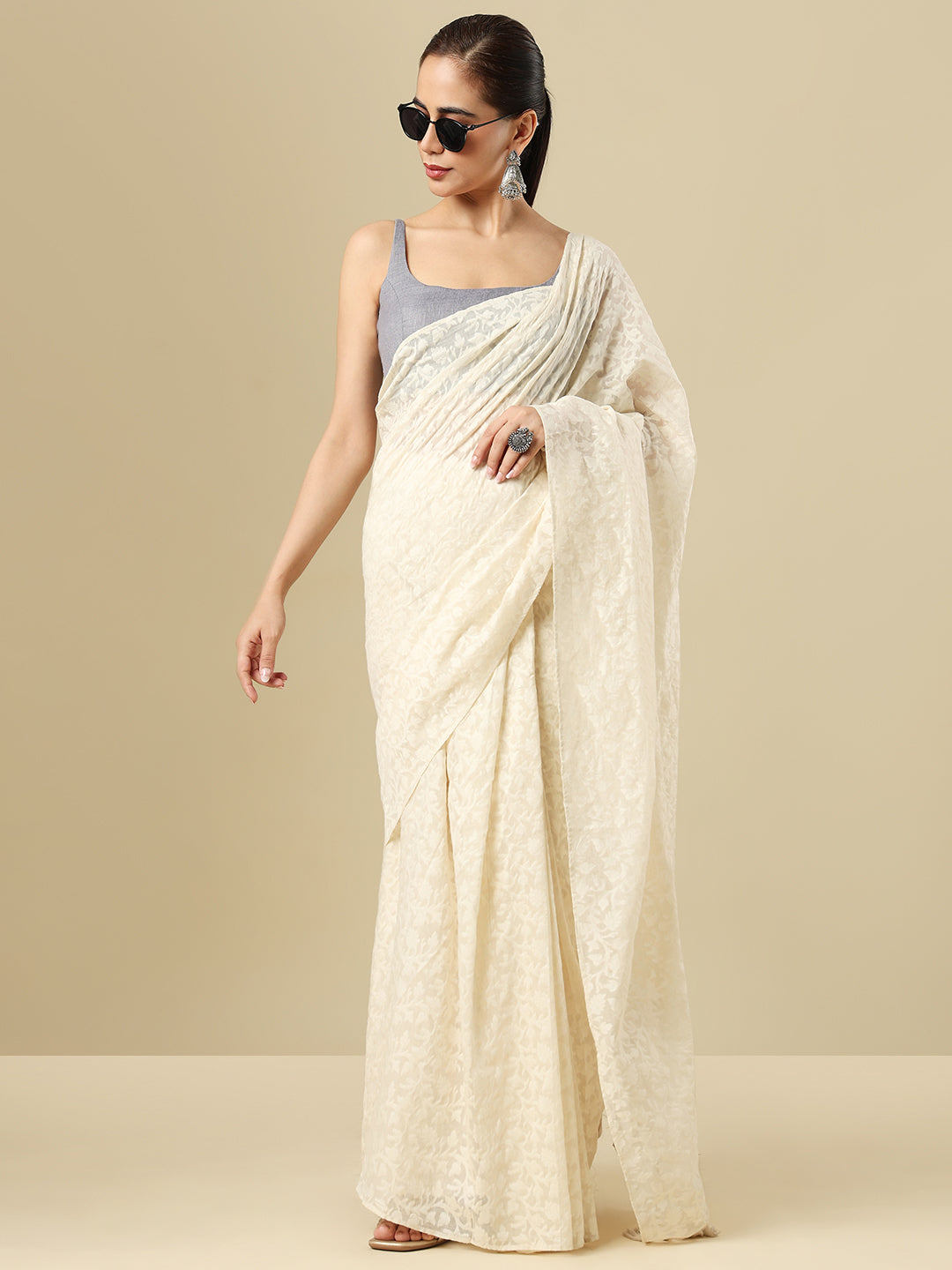 Grey Pure Linen Sleeveless Readymade Saree Blouse