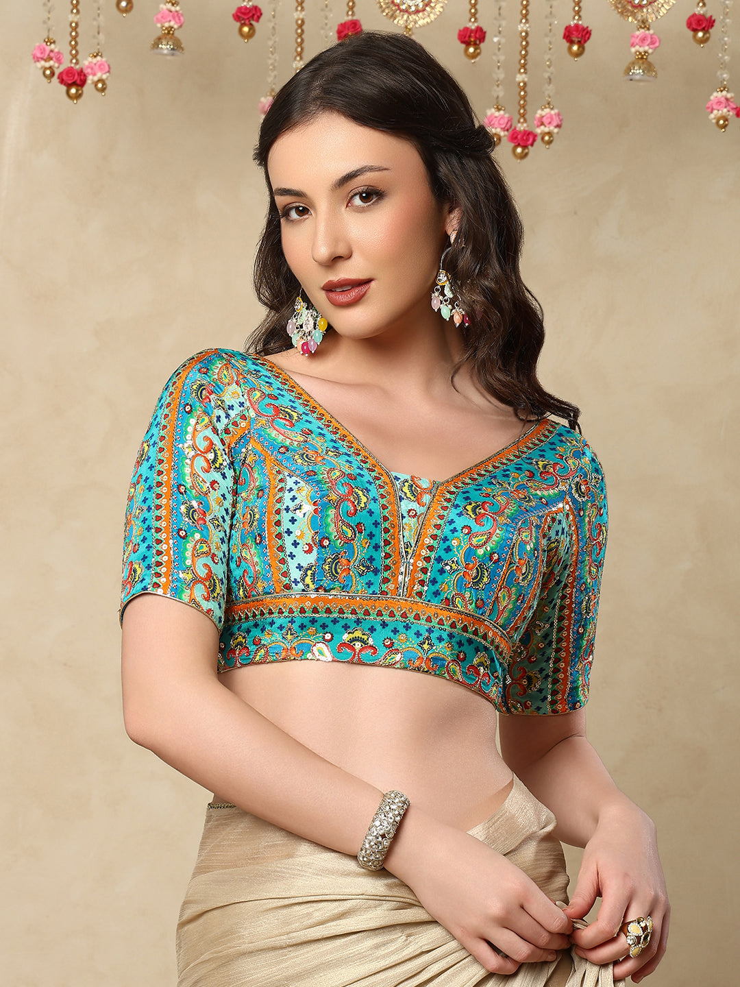 Sea Blue silk V Neck Readymade Blouse