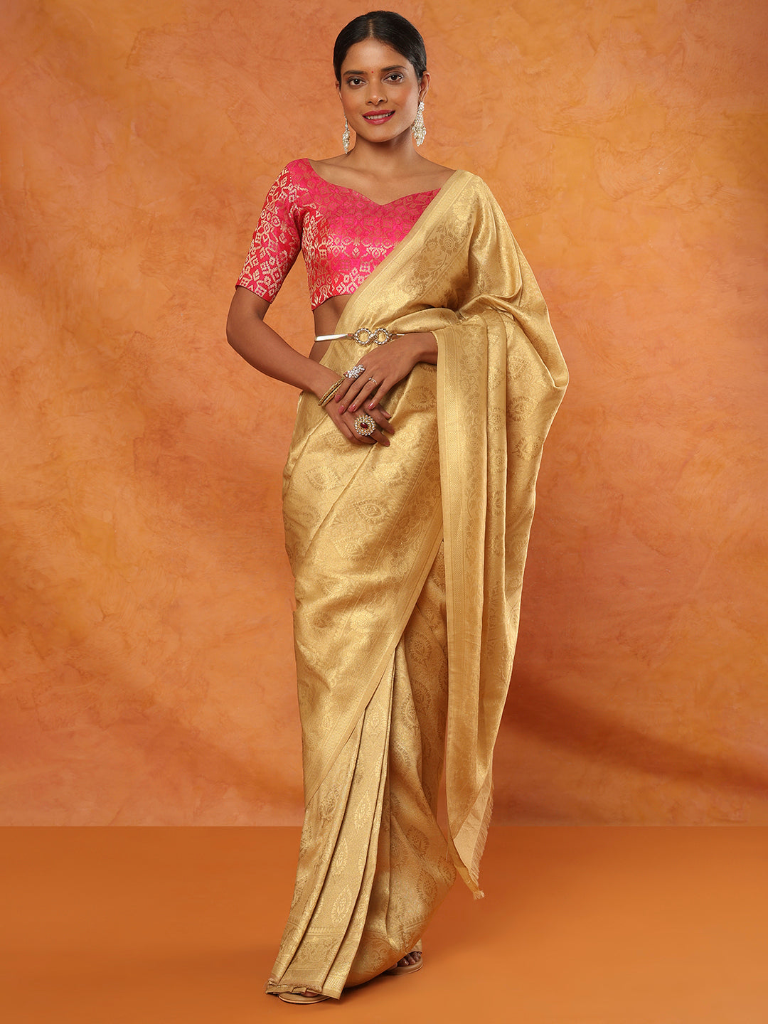 Pink Brocade Sweetheart Neck Readymade Blouse