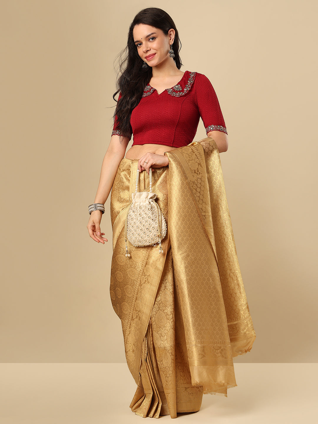 Maroon Embroidered Non Padded Stretchable Saree Blouse