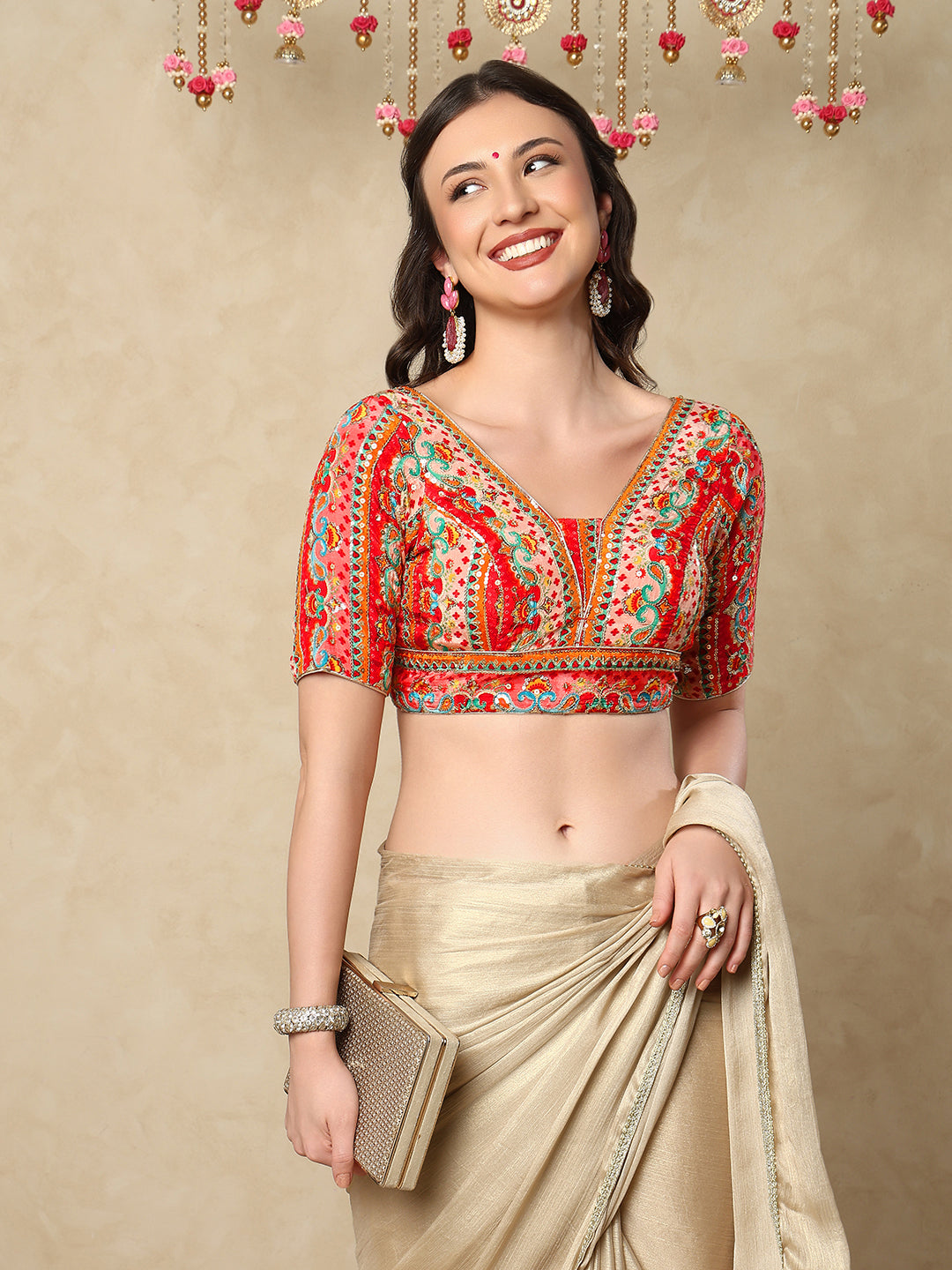 Red silk V Neck Readymade Blouse