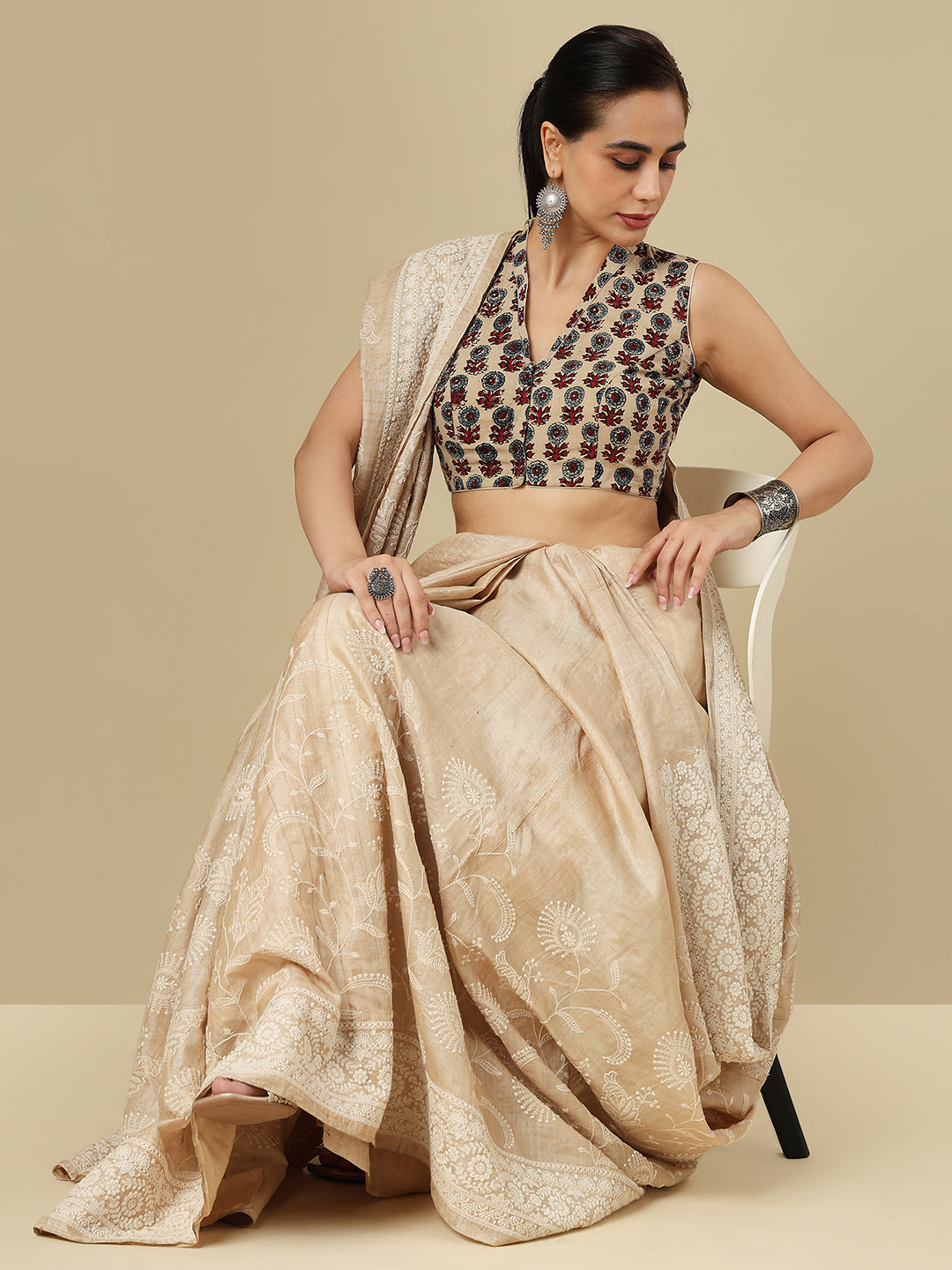 Beige Pure Cotton Ajrakh Block Printed Readymade Blouse