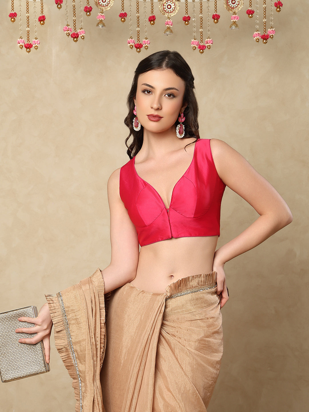 Pink Taffeta Sleeveless Readymade Blouse