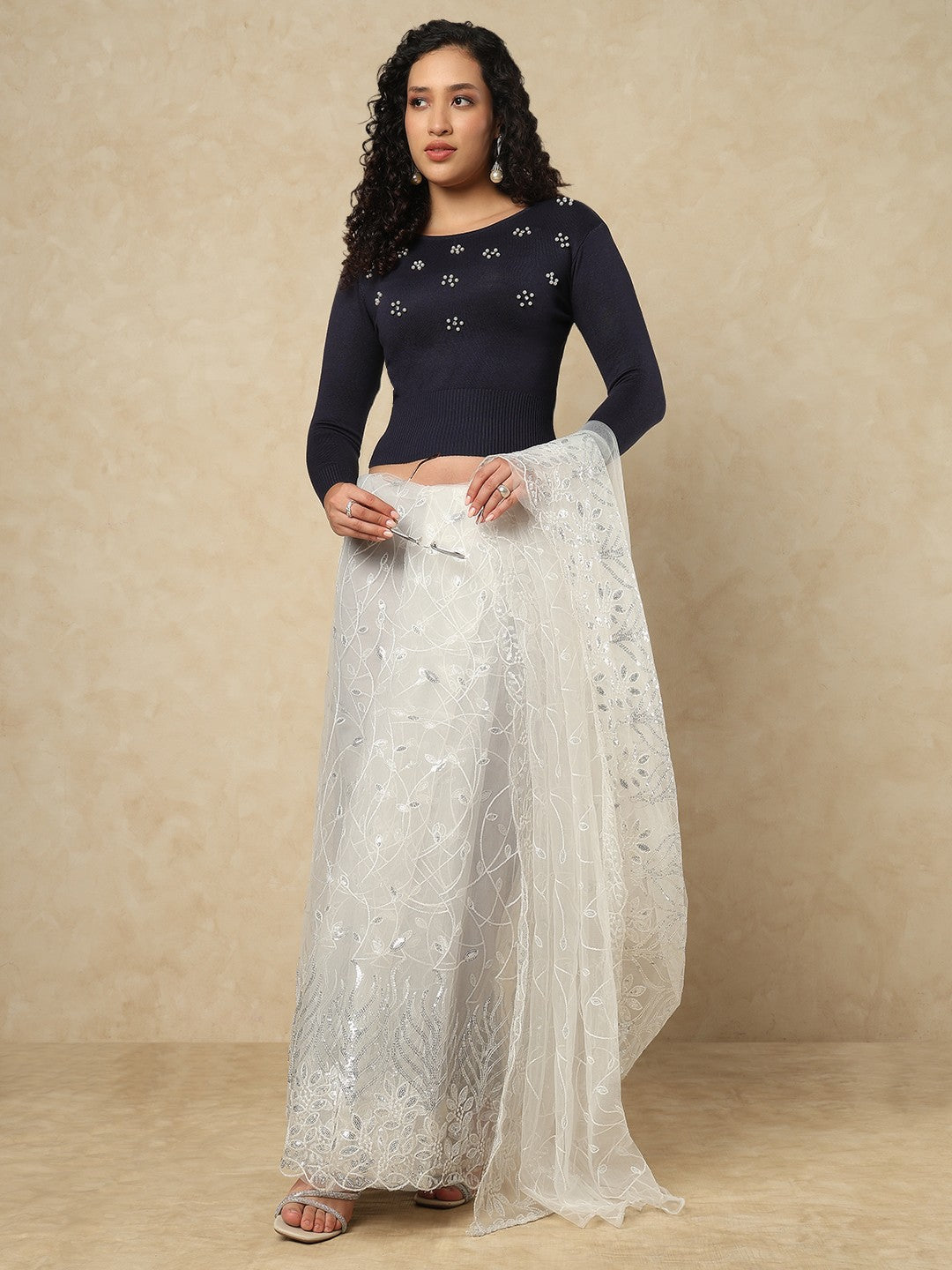 Navy Blue Woolen Round Neck Readymade Blouse