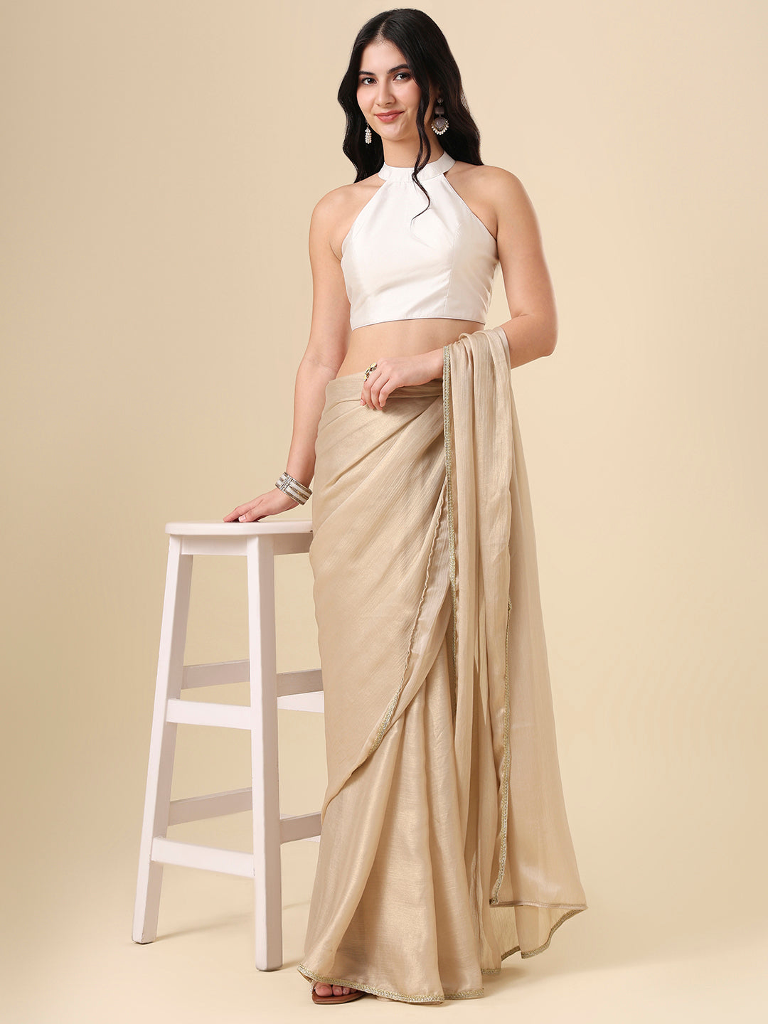 White Halter Neck Readymade Blouse
