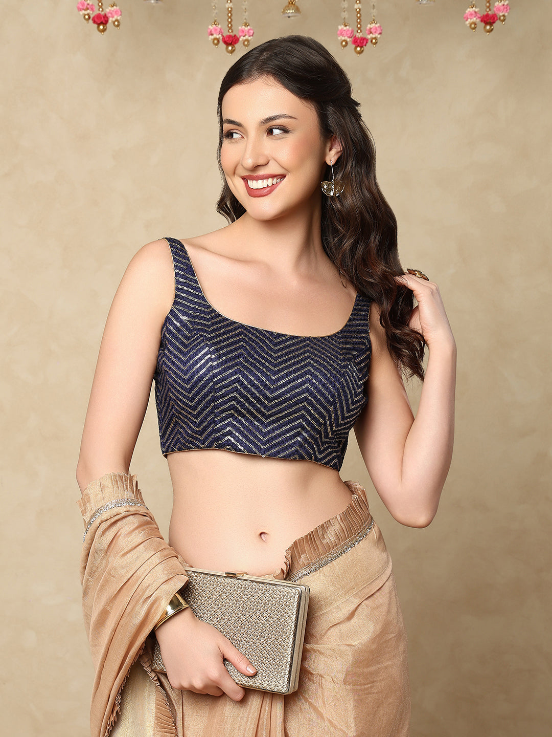 Navy Blue Silk Embroidered Sleeveless Readymade Blouse